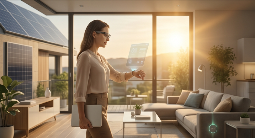 Woman using a laptop in a modern living room with solar panels on the roof