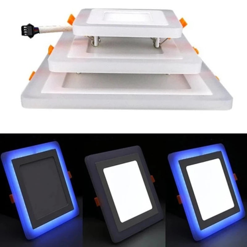 A square recessed LED light fixture shown from multiple angles: one top-down view with the mounting bracket attached, and three angled side views demonstrating the illuminated blue light glow against a dark background.
