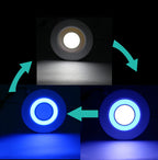 Light bulb transitioning from white to blue light with arrows indicating the change.
