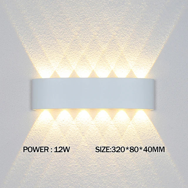 Wall-mounted light fixture with power and size specifications on a gray background