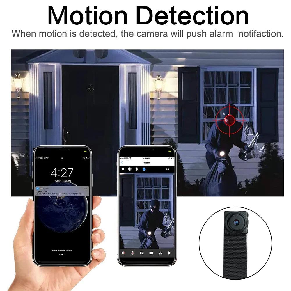Mini WiFi Security Camera featuring 1080P HD video, motion detection, 2.4GHz WiFi, rechargeable battery and remote mobile access.
