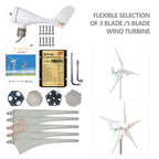 Wind turbine kit with blades, housing, and accessories on a white background