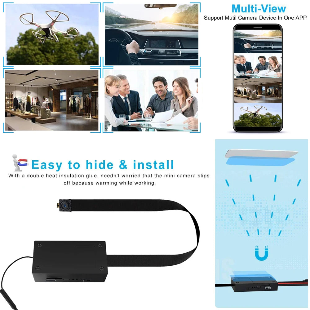 Mini WiFi Security Camera featuring 1080P HD video, motion detection, 2.4GHz WiFi, rechargeable battery and remote mobile access.