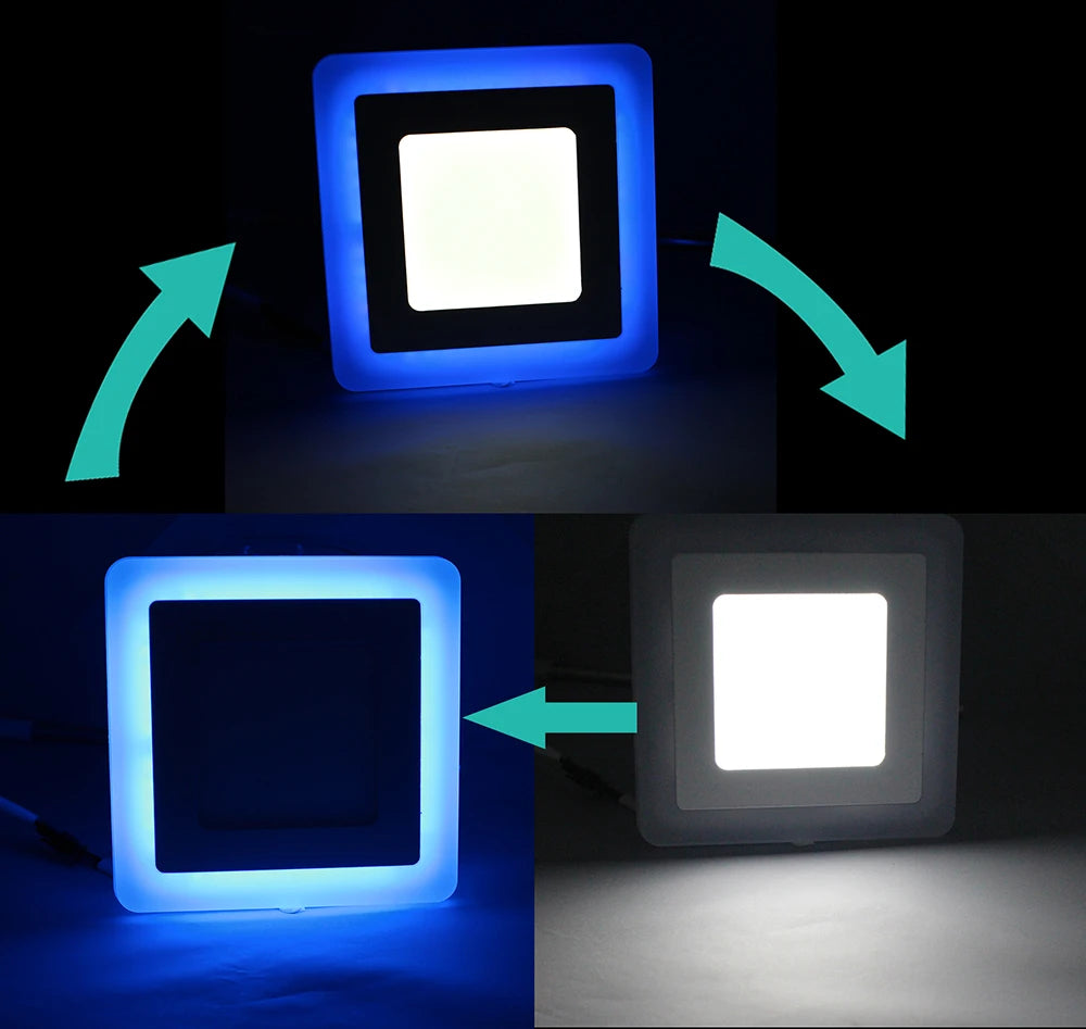 LED light panel showing blue and white light on a black background