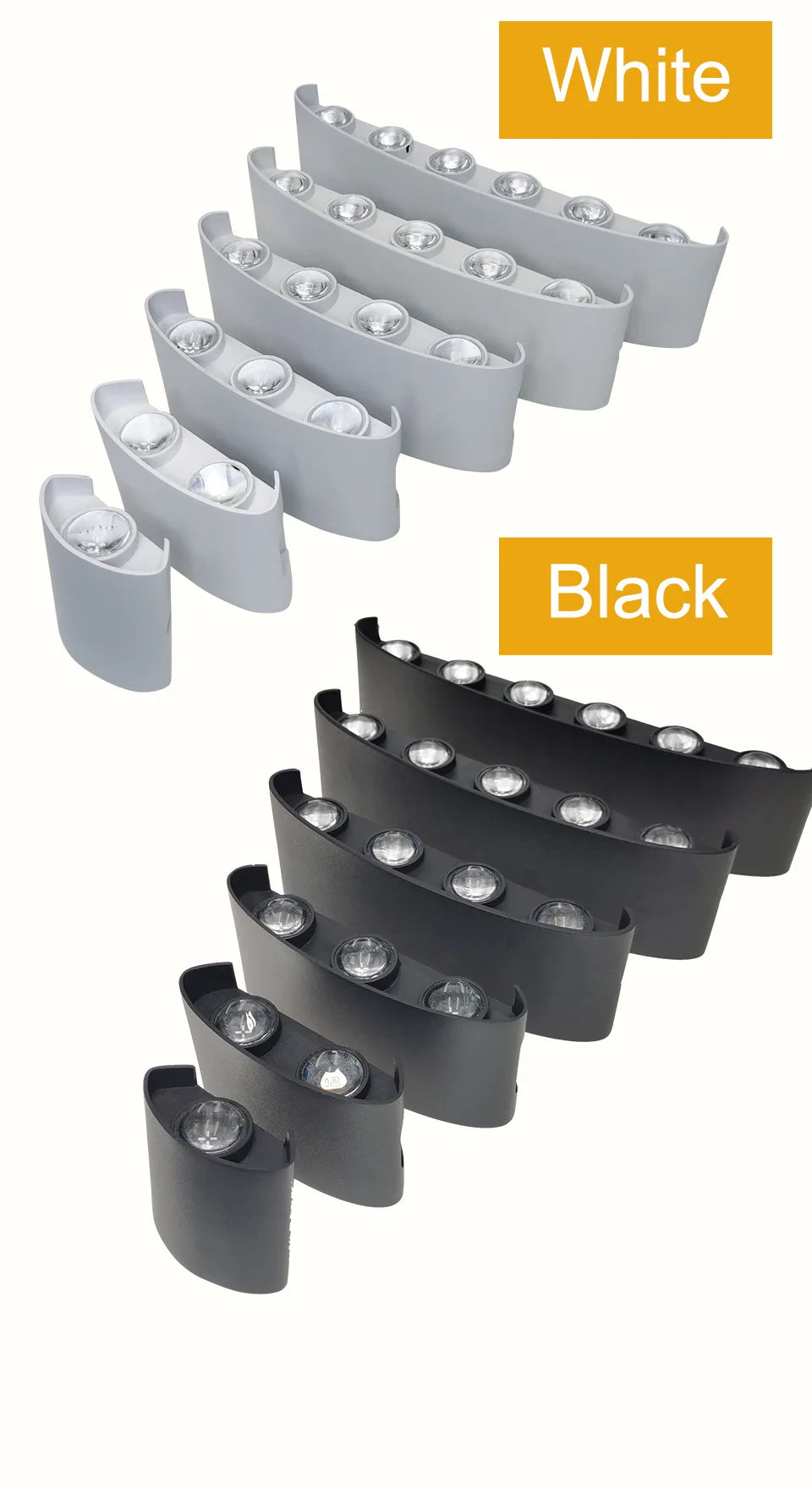 Set of white and black LED light strips on a white background