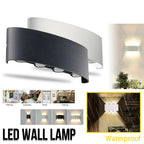LED wall lamp with black and white design, shown in various settings.