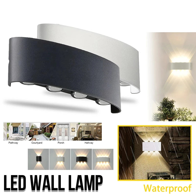 LED wall lamp with black and white design, shown in various settings.