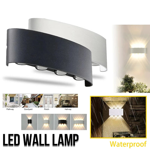 LED wall lamp with black and white design, shown in various settings.