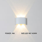 White wall-mounted light fixture on a gray wall with power and size information displayed.