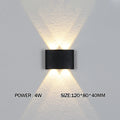 Black wall-mounted light fixture on a gray wall with power and size information displayed.