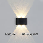 Black wall-mounted light fixture on a gray wall with power and size information displayed.