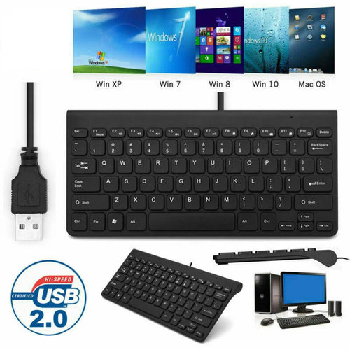 Black keyboard with USB cable on a white background, showing compatibility with Windows and Mac operating systems.