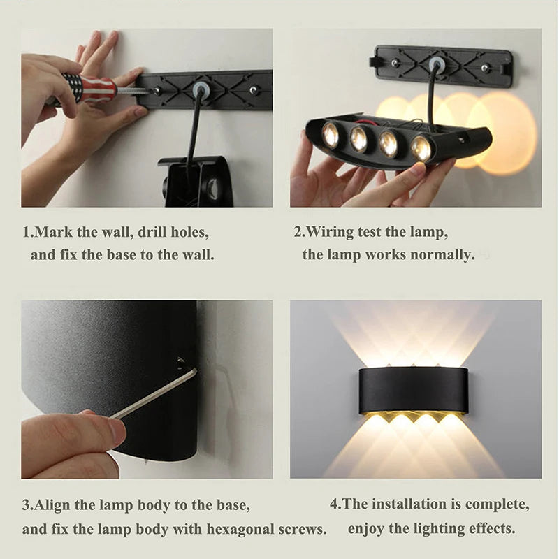 Step-by-step installation guide for a wall-mounted light fixture.