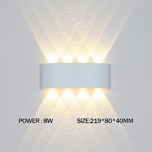 Wall-mounted light fixture with power and size information on a gray background