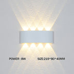 Wall-mounted light fixture with power and size information on a gray background