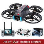 AE21 dual-camera drone with remote control, additional drone, and packaging on a white background