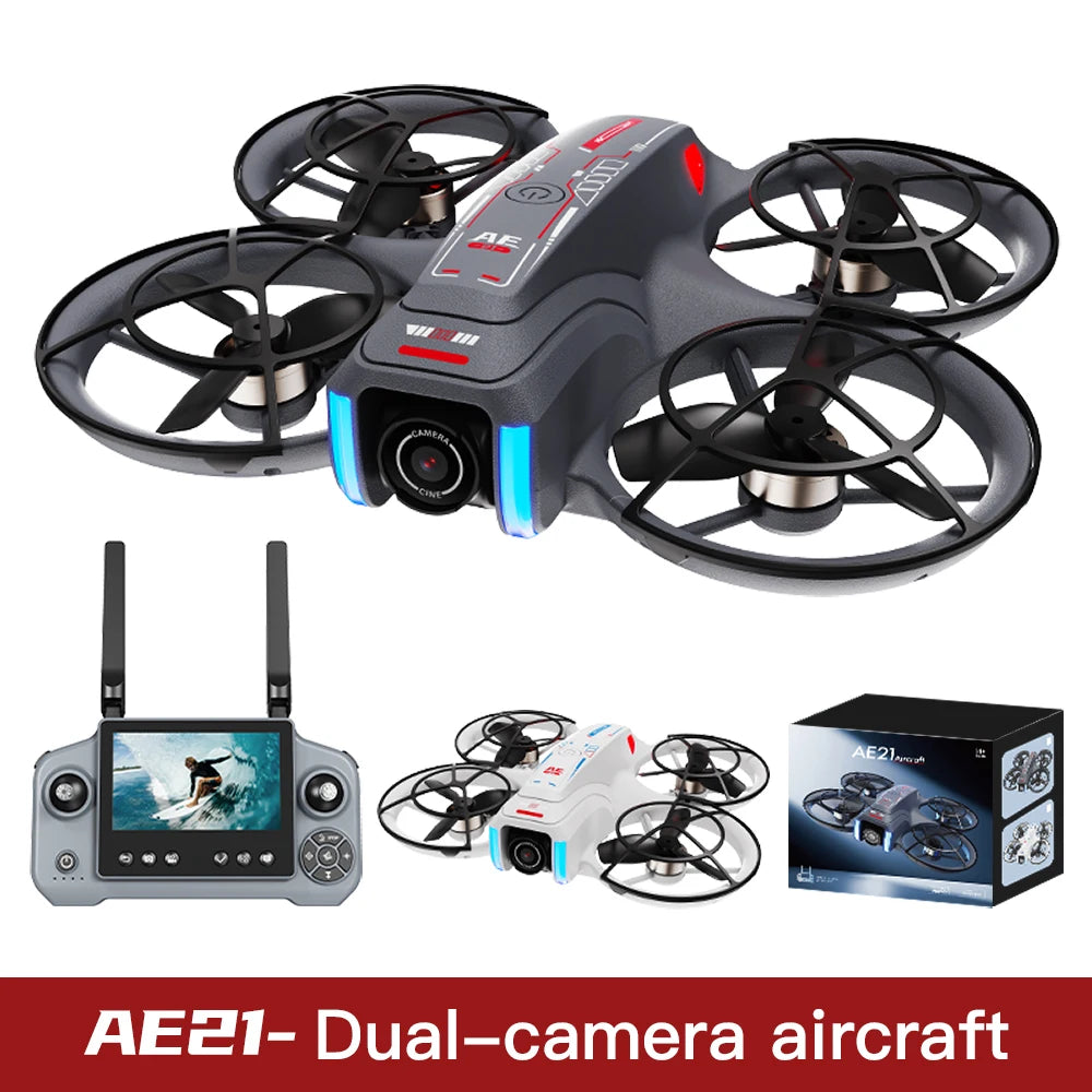 AE21 dual-camera drone with remote control, additional drone, and packaging on a white background