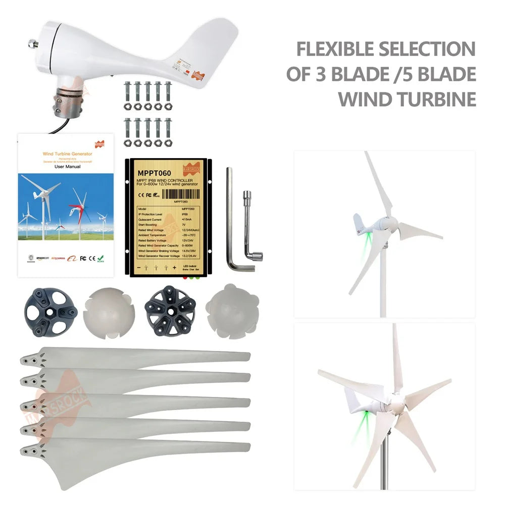 Wind turbine kit with blades, housing, and accessories on a white background