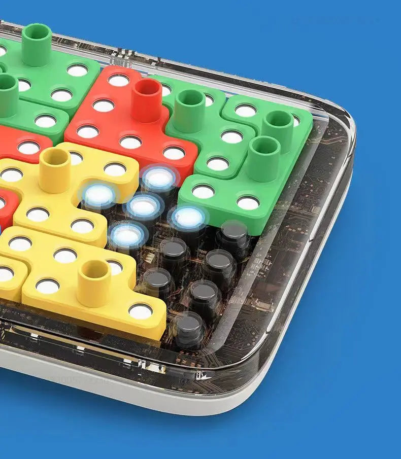 Colorful electronic building block set on a blue background