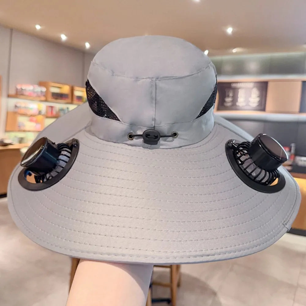 Solar Sun Hat with Cooling Fan – UV Protection Outdoor Bucket Hat for Camping & Fishing