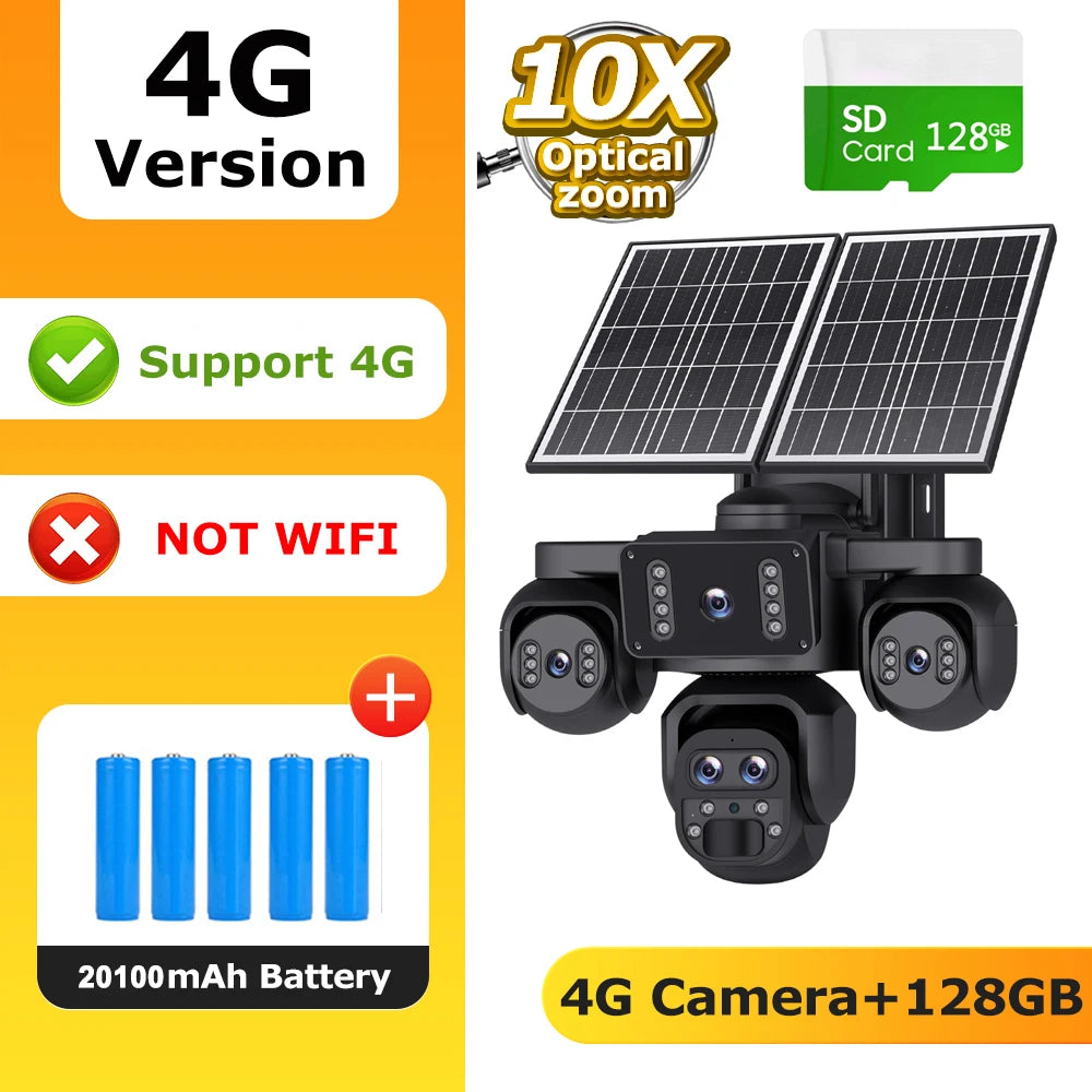 4G solar-powered security camera with three camera lenses, dual solar panels, four blue batteries, and an SD card, shown with promotional text overlays on a white and yellow background.
