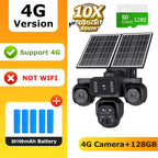 4G solar-powered security camera with three camera lenses, dual solar panels, four blue batteries, and an SD card, shown with promotional text overlays on a white and yellow background.