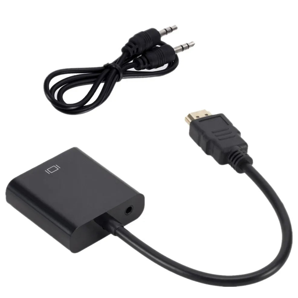 Black audio adapter with USB cable and 3.5mm plug on a white background