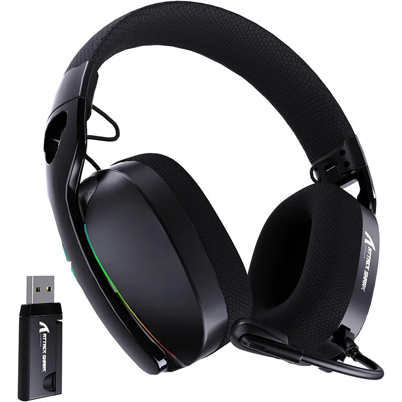 Black gaming headset with USB adapter on a white background