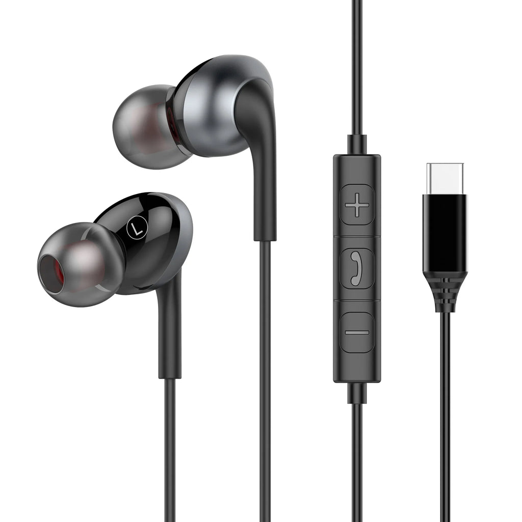 Black earphones with a USB-C connector on a white background