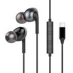 Black earphones with a USB-C connector on a white background