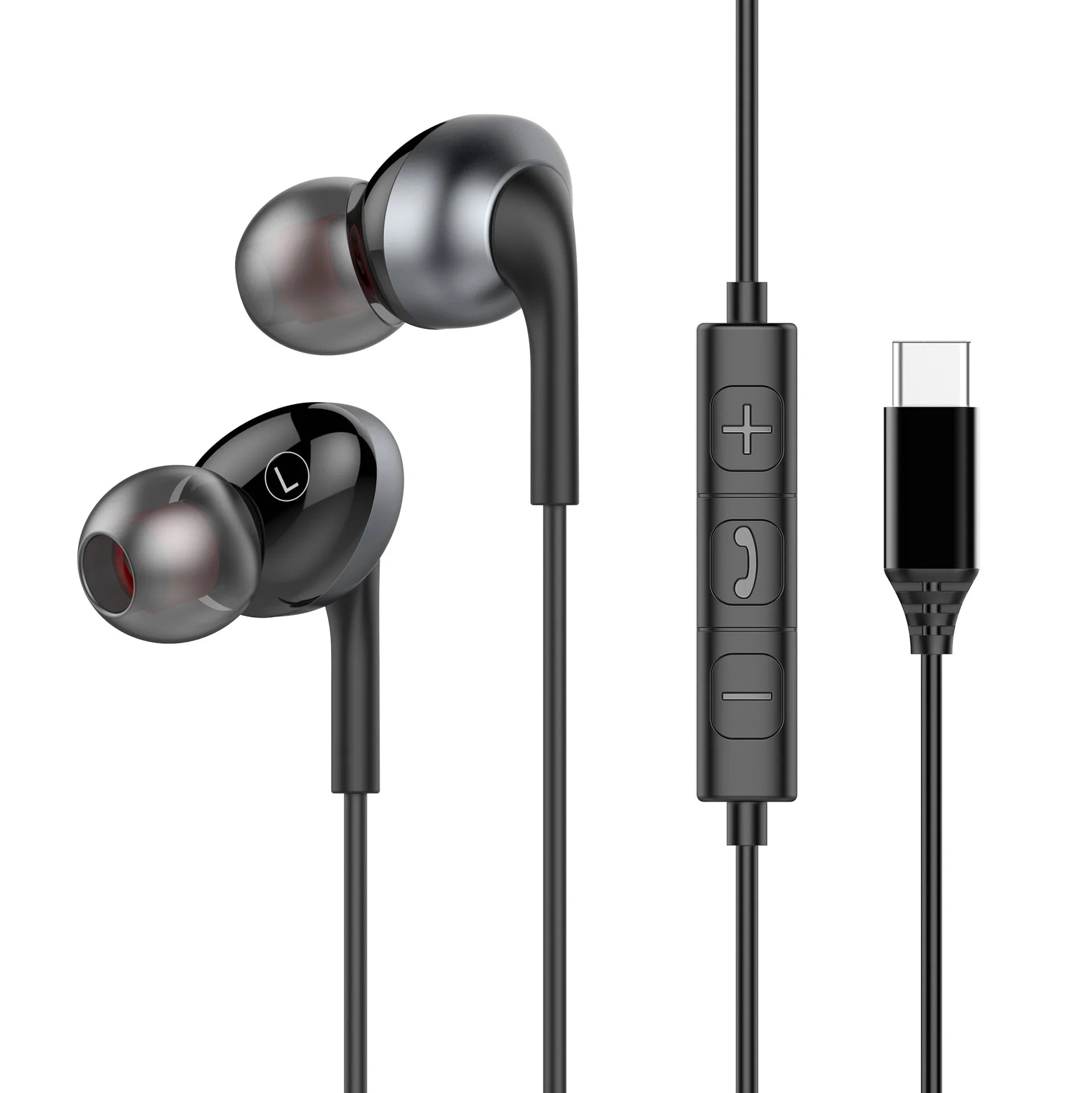 Black earphones with a USB-C connector on a white background