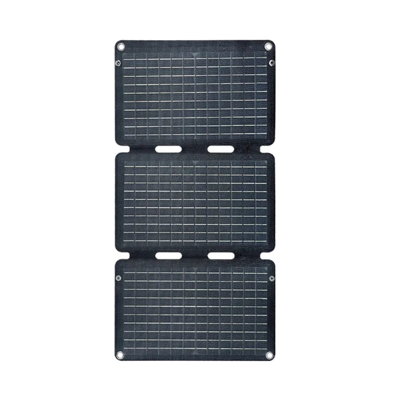 Three black solar panels stacked on a white background