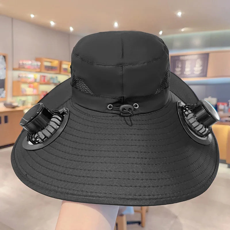 Solar Sun Hat with Cooling Fan – UV Protection Outdoor Bucket Hat for Camping & Fishing