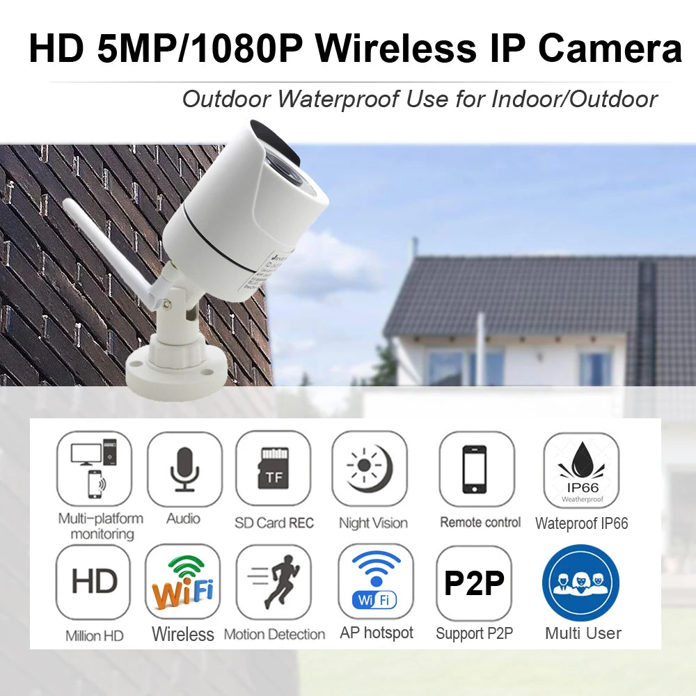 JIENUO 5MP WiFi IP Security Camera | Outdoor Waterproof ONVIF CCTV with Night Vision