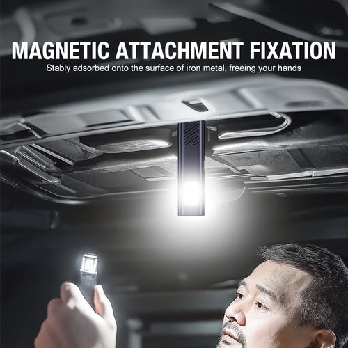 Magnetic attachment fixation light being used inside a vehicle, with text highlighting its feature.