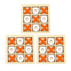 Three wooden tic-tac-toe boards with orange and white markers on a white background