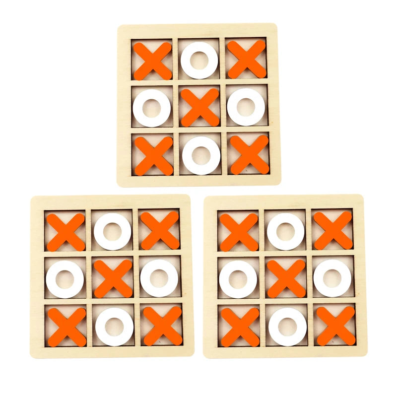 Three wooden tic-tac-toe boards with orange and white markers on a white background