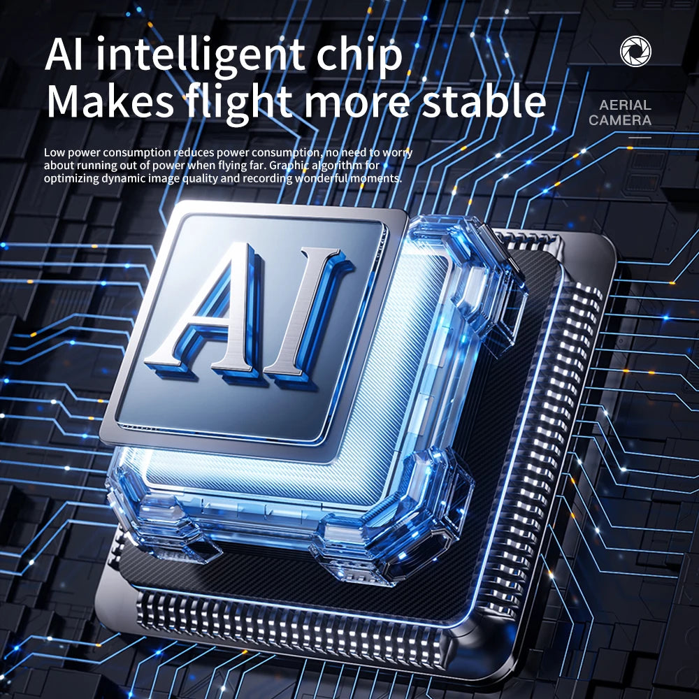 AI intelligent chip on a circuit board with text about stability and power consumption.