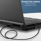 Laptop with a cooling pad on a white surface, with text indicating effective cooling.