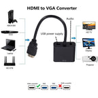 HDMI to VGA converter with diagram showing compatibility and connections.