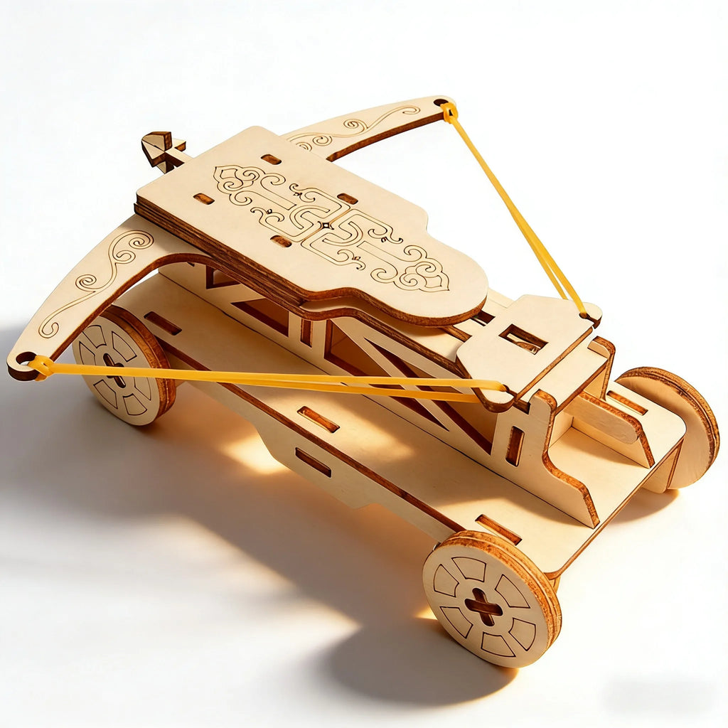 Wooden model car with decorative elements on a white background