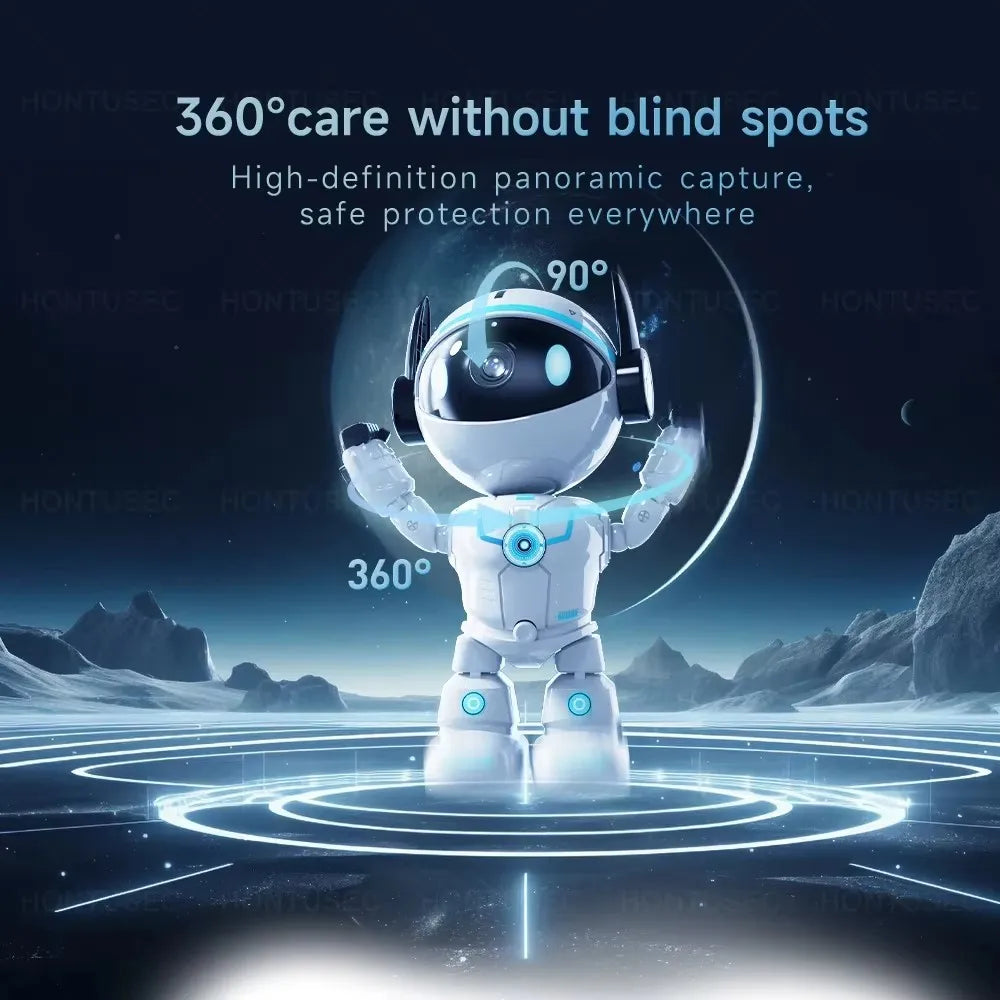 Protect your home with the HiEasy 5MP Robot WiFi Indoor Security Camera featuring AI motion detection, night vision, two-way audio, and smart monitoring.
Robotic device with camera capabilities on a dark space-themed background