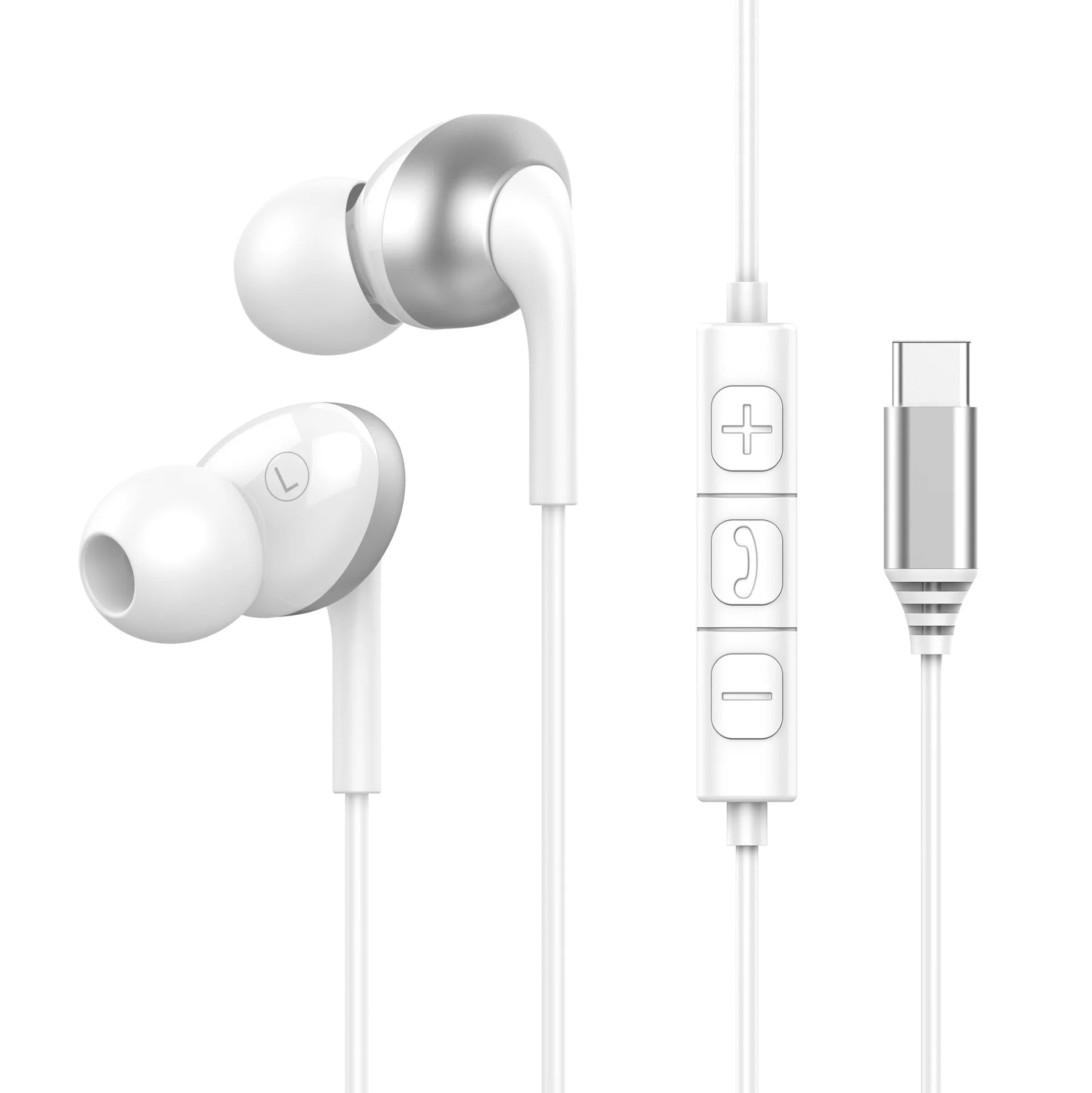 White earphones with a USB-C connector on a white background
