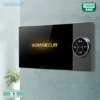 A HOMSECUR wall-mounted smart TV or monitor with a glossy black screen and a dark gray control panel on the right, shown mounted on a textured light gray wall. The image includes a green '1080P AHD' badge in the top right, a 'X1' badge in the bottom left, and the HOMSECUR brand logo in the top left.