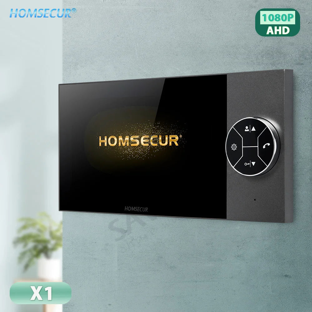 A HOMSECUR wall-mounted smart TV or monitor with a glossy black screen and a dark gray control panel on the right, shown mounted on a textured light gray wall. The image includes a green '1080P AHD' badge in the top right, a 'X1' badge in the bottom left, and the HOMSECUR brand logo in the top left.