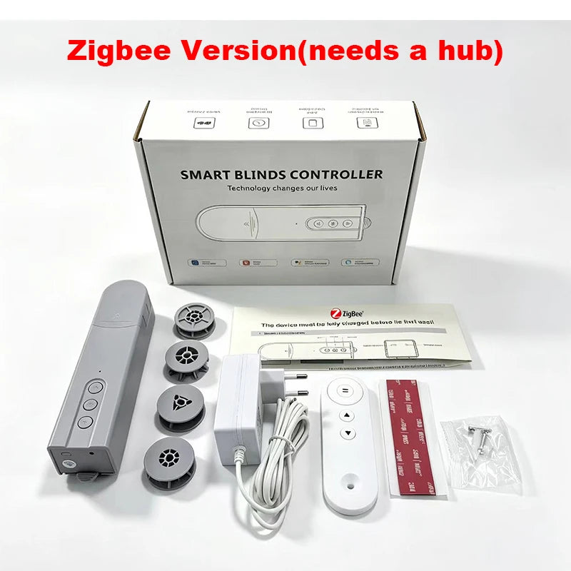 Smart blinds controller set with packaging on a white background