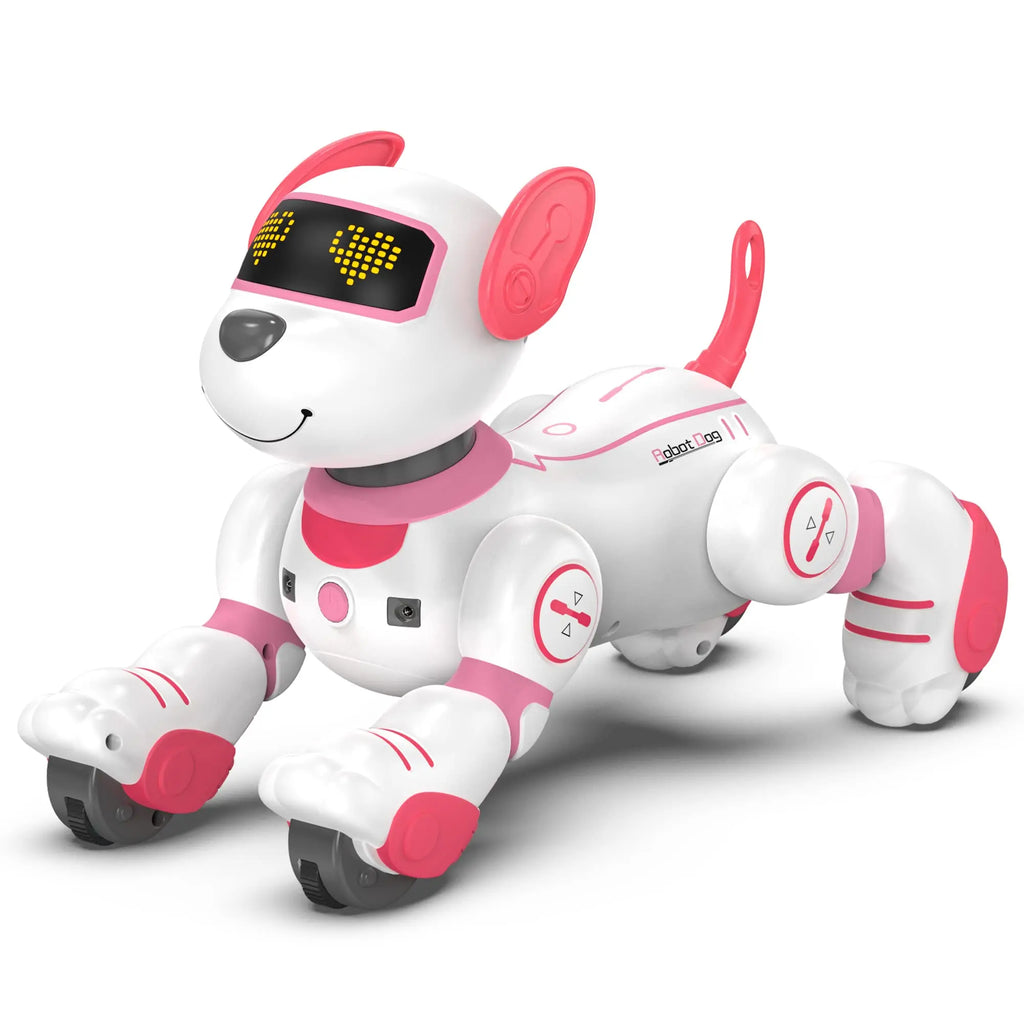 White and pink robot dog on a white background
