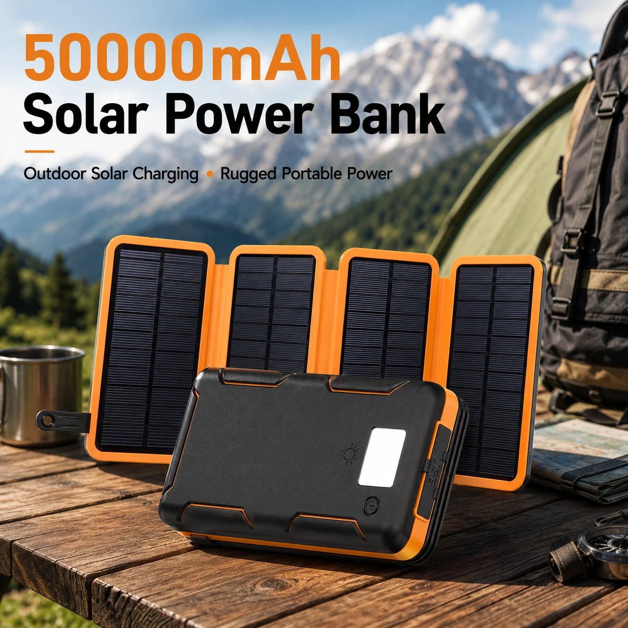 Portable 50000mAh Solar Power Bank 5V – Foldable Solar Charger with LED Flashlight for Outdoor Use