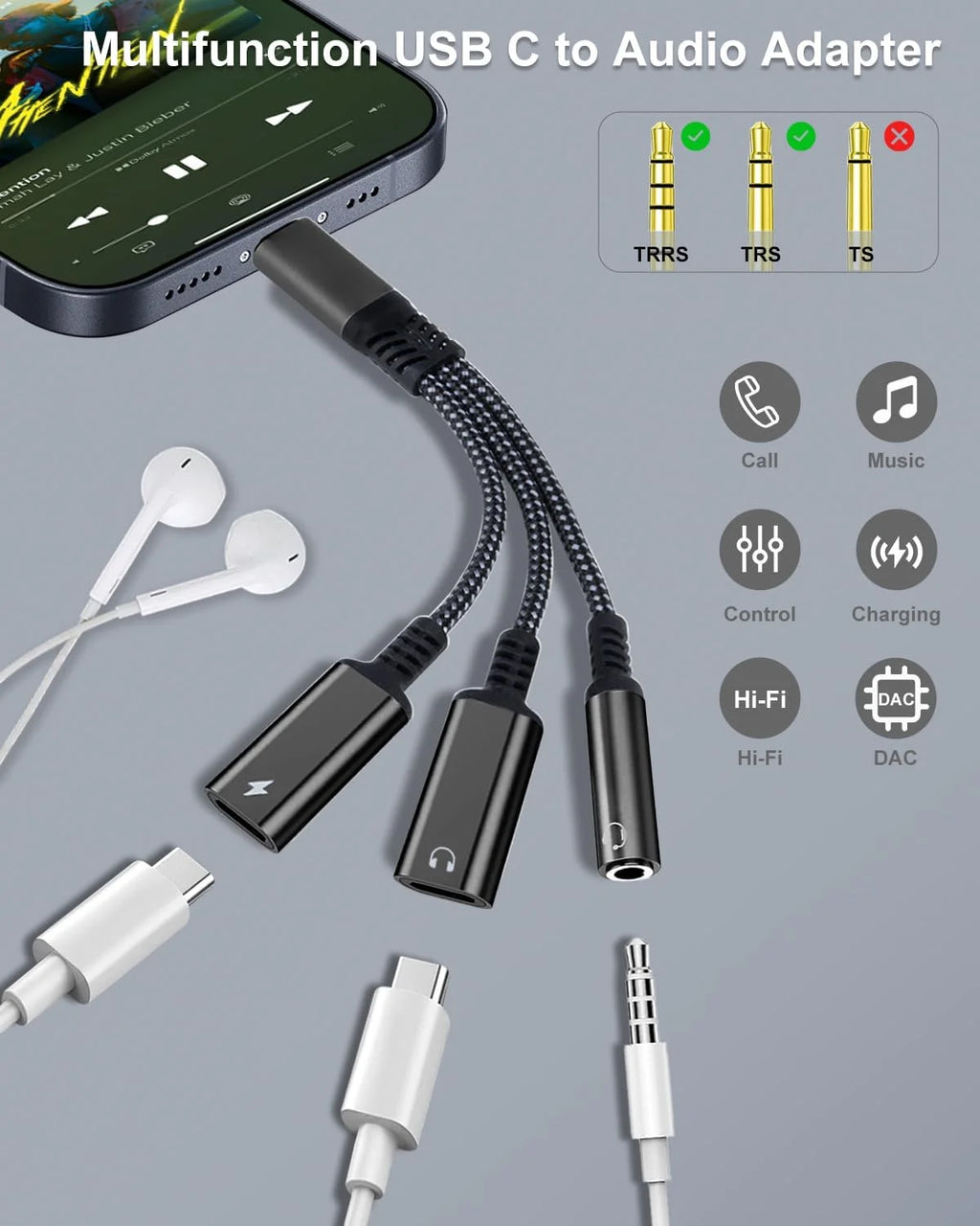 USB-C to 3.5mm Headphone & Charger Adapter 3-in-1 60W PD Fast Charging Audio DAC