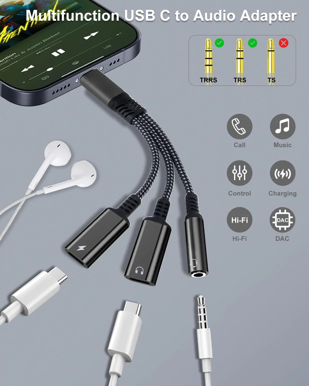 USB-C to 3.5mm Headphone & Charger Adapter 3-in-1 60W PD Fast Charging Audio DAC